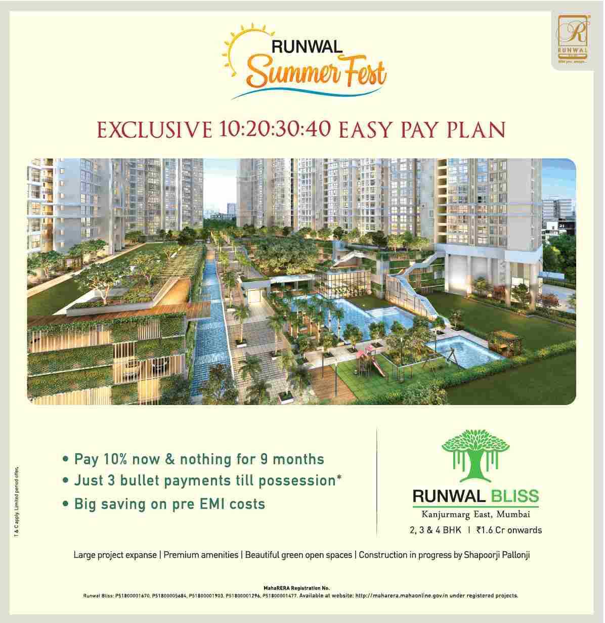 Avail the exclusive 10:20:30:40 easy pay plan at Runwal Bliss in Mumbai